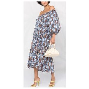 LA DOUBLEJ Paloma Off-Shoulder Blue Printed Midi Dress